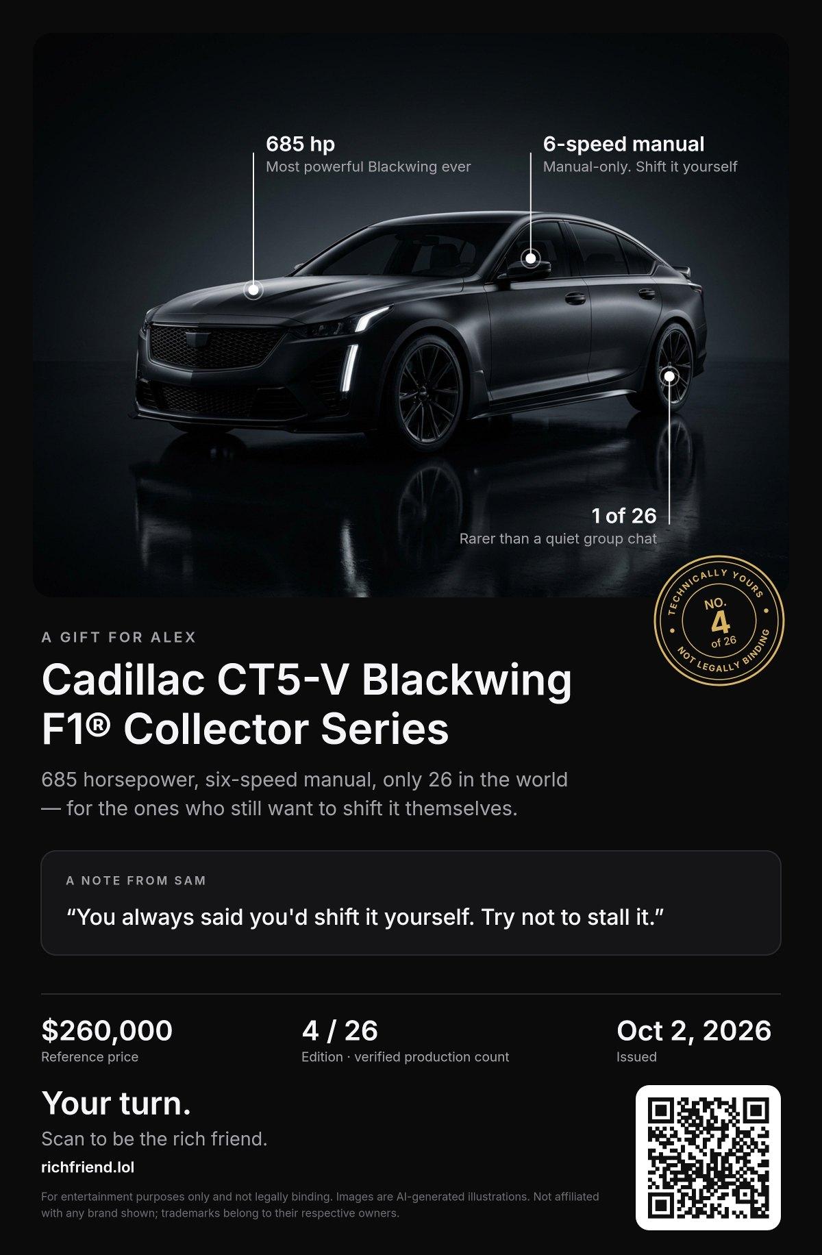 A sample certificate for Cadillac CT5-V Blackwing F1® Collector Series