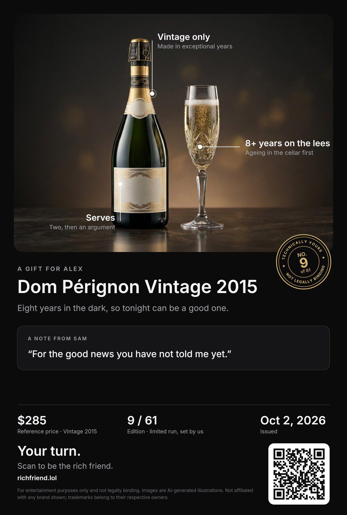 A sample certificate for Dom Pérignon Vintage 2015