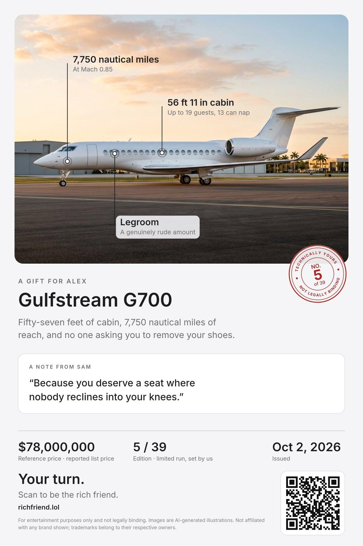 A sample certificate for Gulfstream G700