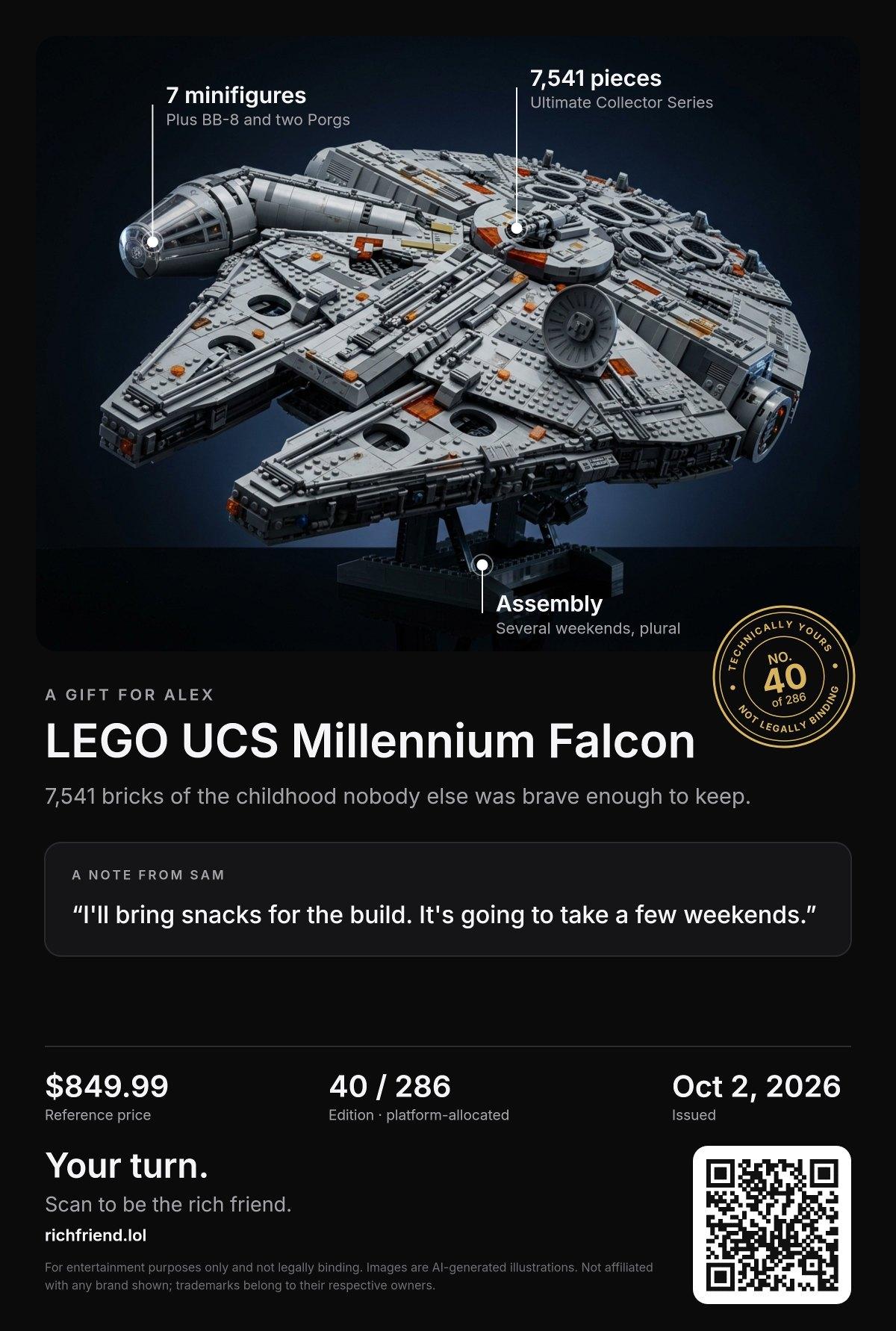 A sample certificate for LEGO UCS Millennium Falcon