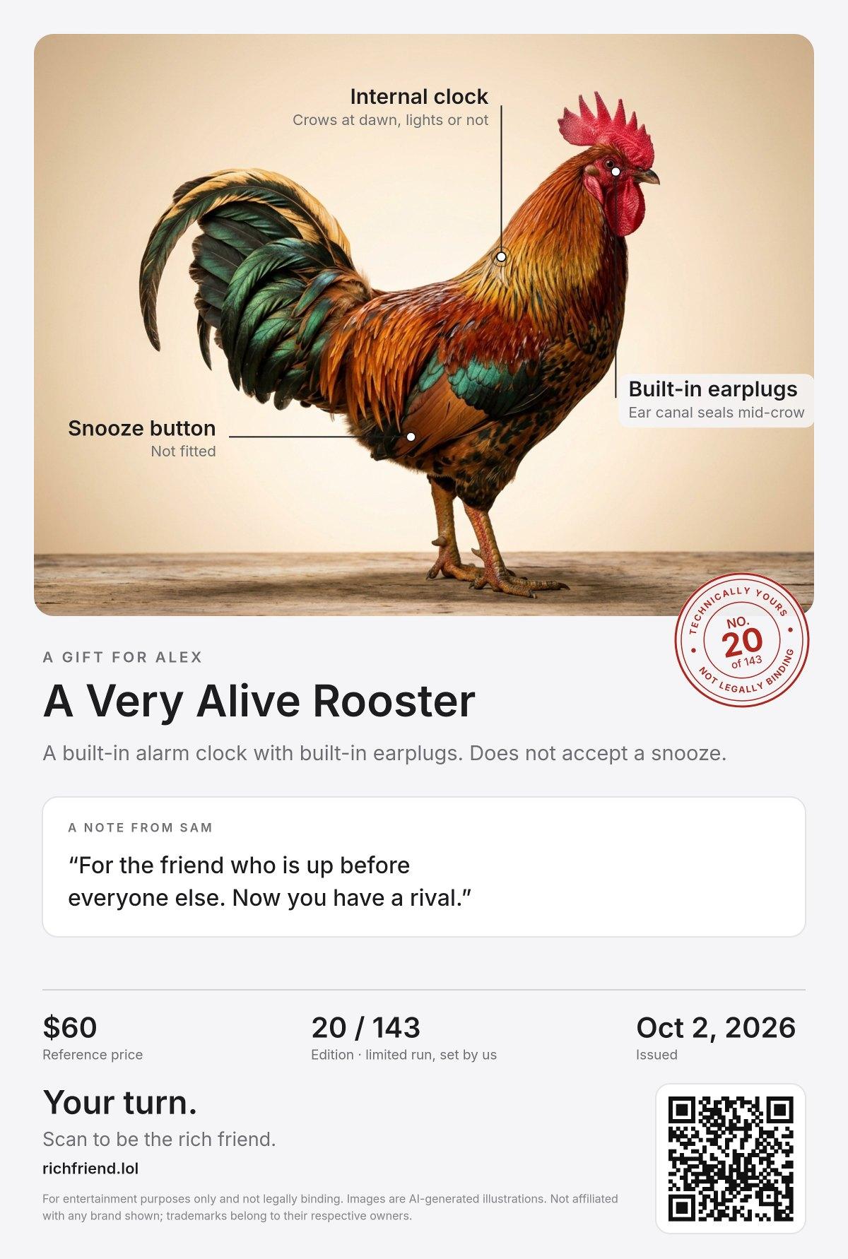 A sample certificate for A Very Alive Rooster