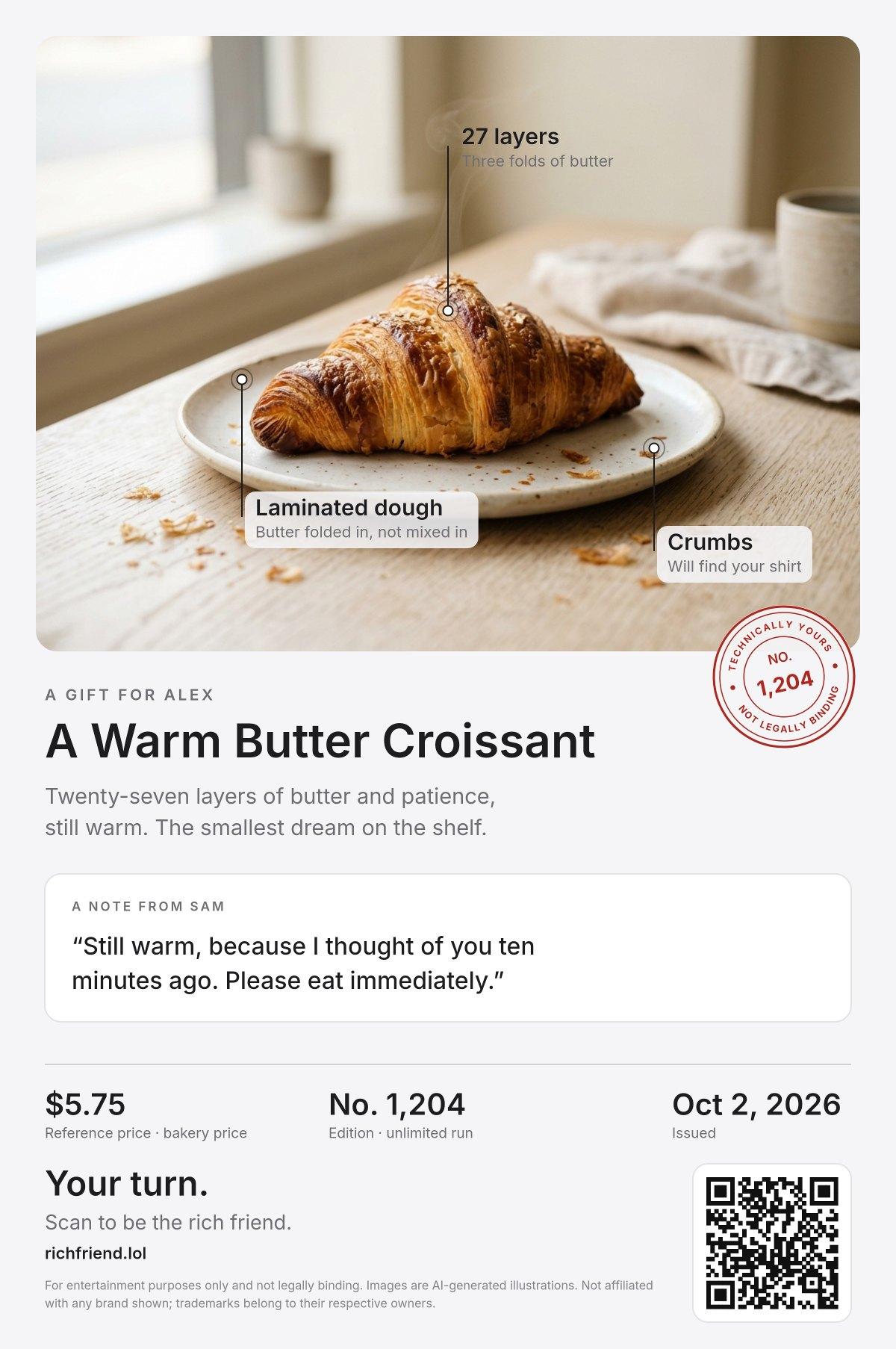 A sample certificate for A Warm Butter Croissant