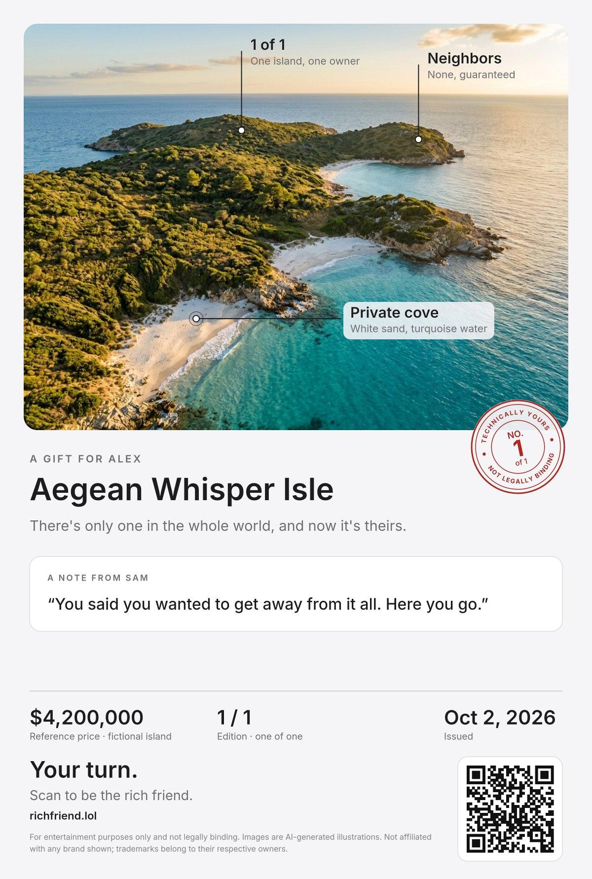 A sample certificate for the Aegean Whisper Isle, with a photo, specs, a personal note and a numbered seal