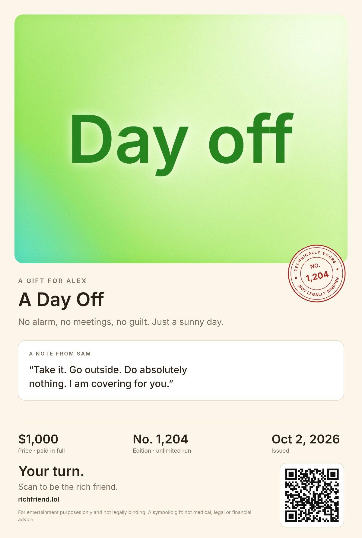 A sample certificate for A Day Off