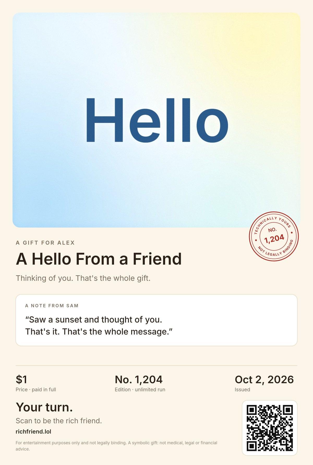 A sample certificate for A Hello From a Friend