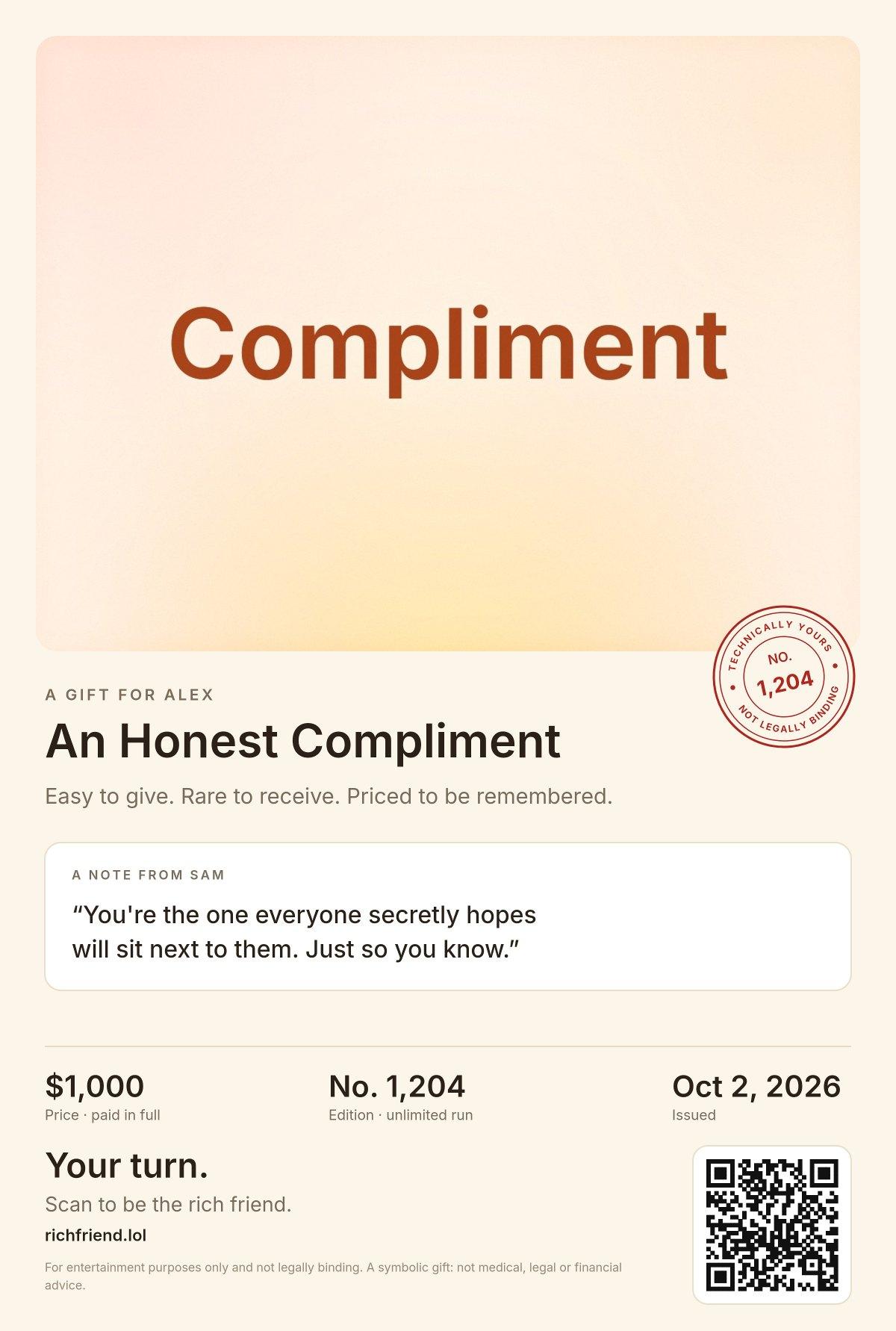 A sample certificate for An Honest Compliment