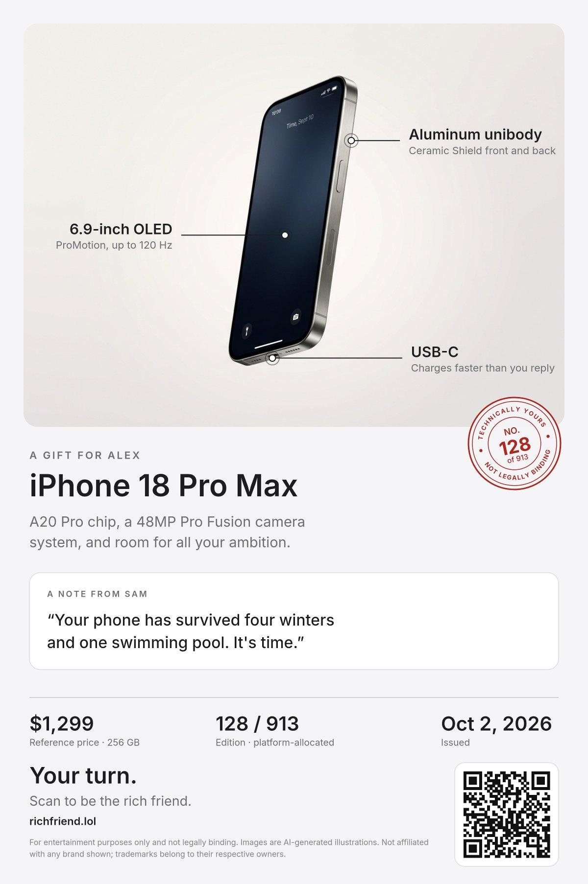 A sample certificate for iPhone 18 Pro Max