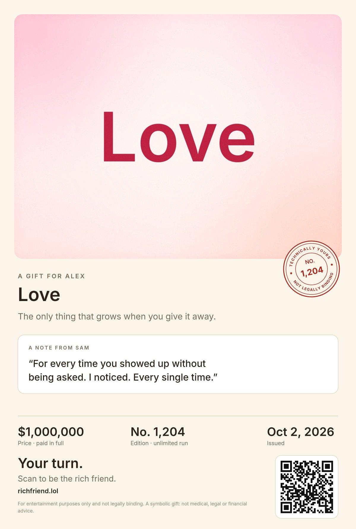 A sample certificate for Love