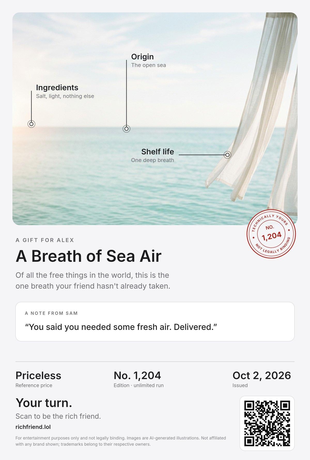 A sample certificate for A Breath of Sea Air