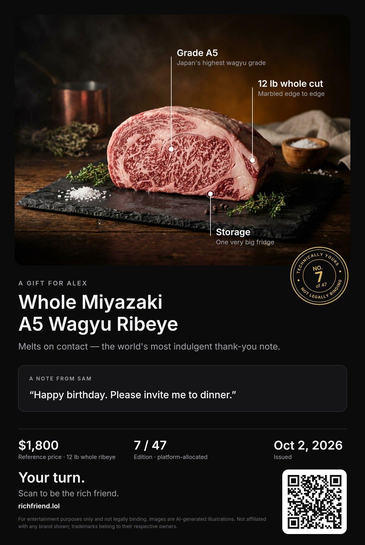 A sample certificate for Whole Miyazaki A5 Wagyu Ribeye